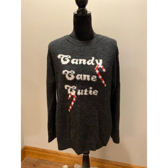 Christmas Holiday Womens Gray Sweater Candy Cane Cutie Sz Medium Fuzzy Unique - Picture 1 of 8